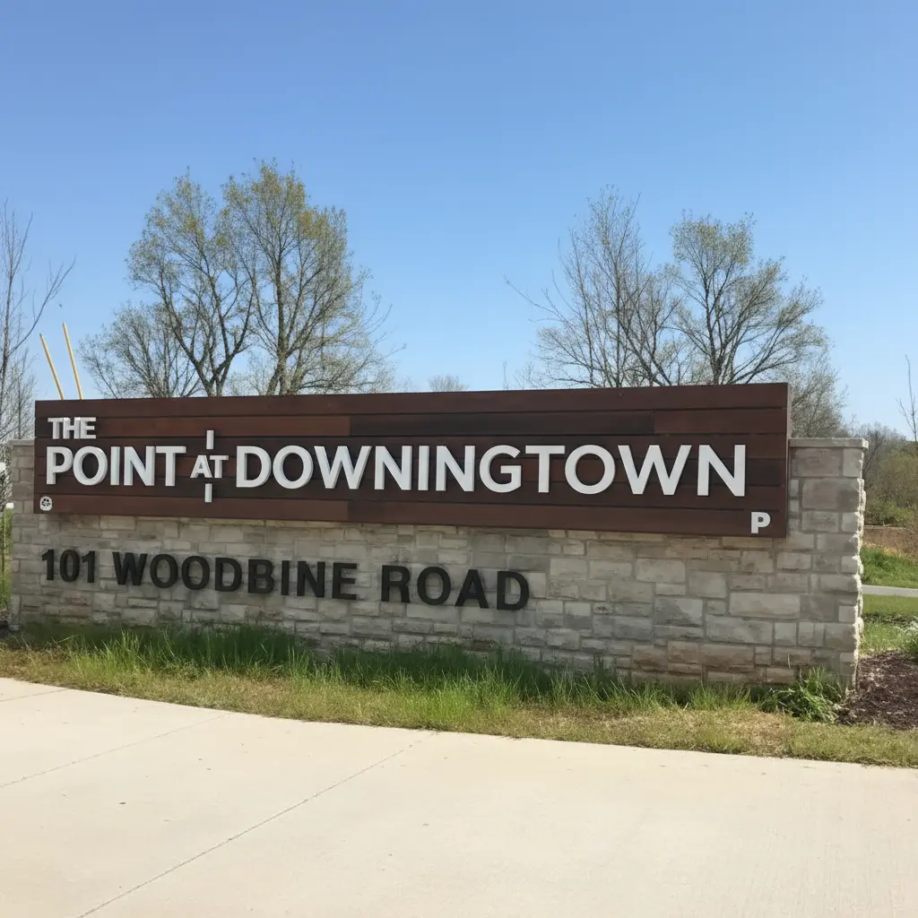 Outdoor sign for 'The Point at Downingtown' located at 101 Woodbine Road, with a field and trees in the background under a clear blue sky.